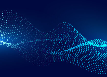 Abstract image of a particle wave Image showing an artists concept of a particle wave Against a dark blue background is a glowing blue image of a wave composed of small particle of light.