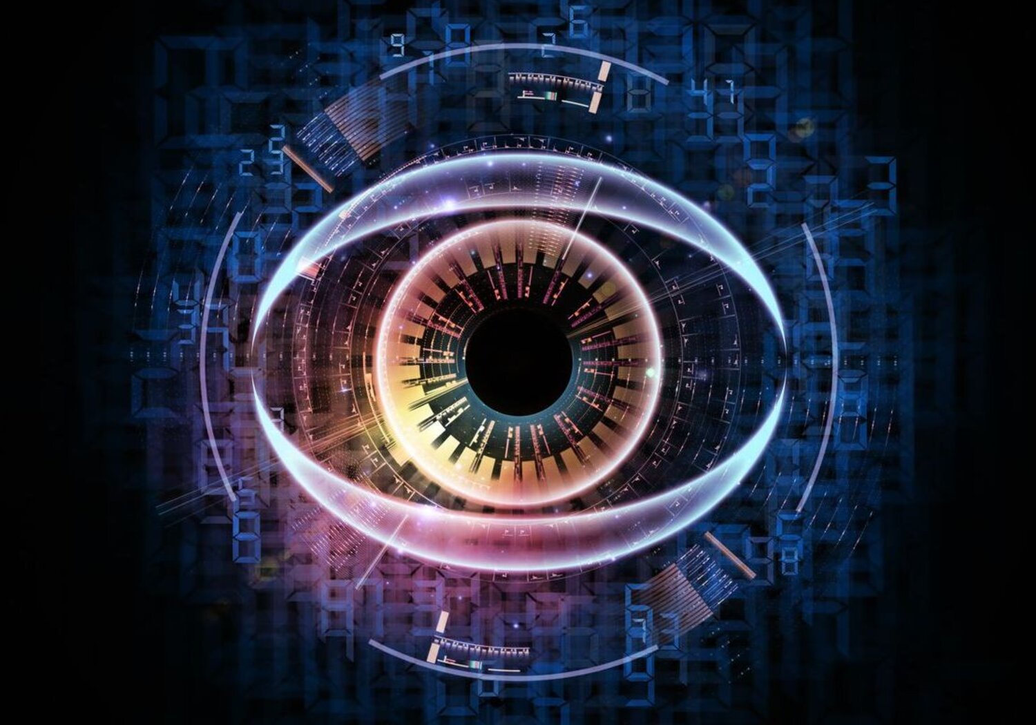 Image showing an artists concept of a digital eye. Against a black background is an artists concept of a digital eye. The central black pupil is surrounded by a glowing iris set into an eye socket of glowing blue numbers.