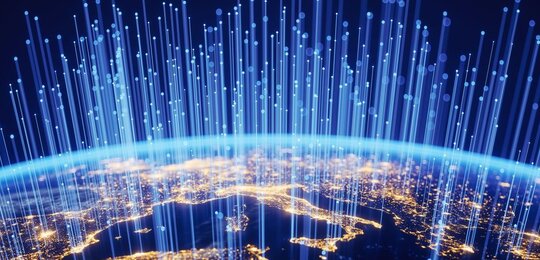 Fibre optic cables rising into space 