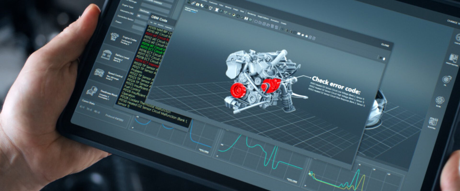 Close up of two hands holding a diagnostic pad showing a 3D schematic of a car engine. Two sections of the engine are in red indicating problematic areas