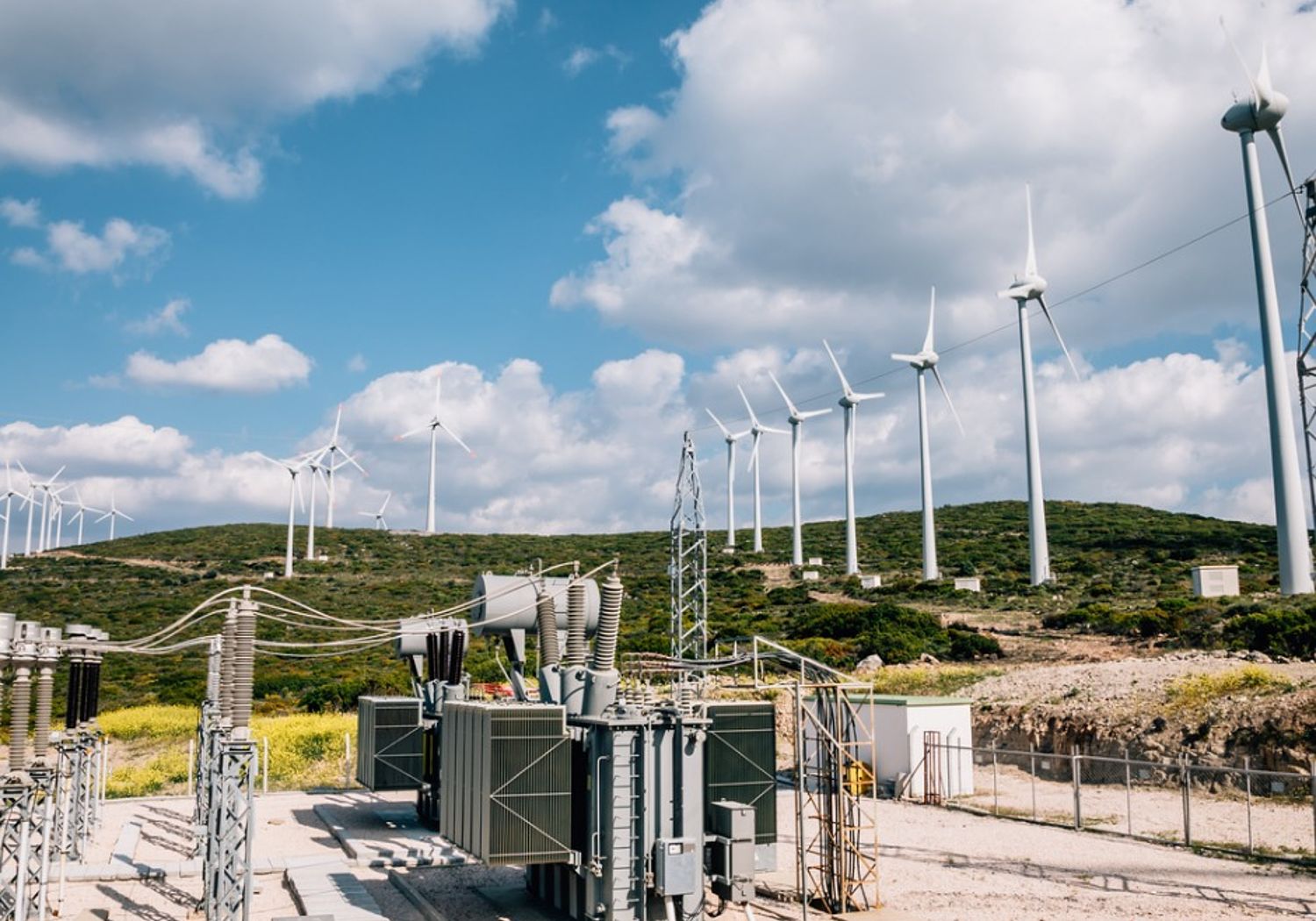 Image showing renewable green energy - power substation and wind turbines