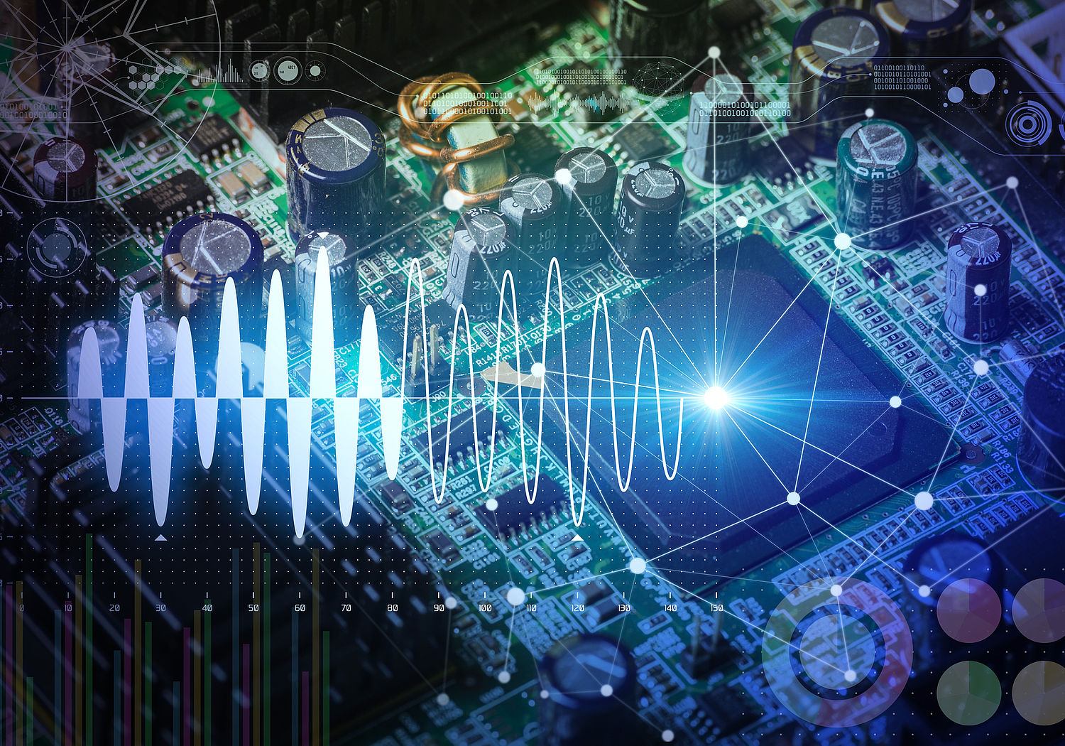 Image showing an electronic circuit board with graphical waveform overlay