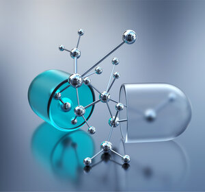 Image showing a Wire-frame molecule emerging from drug capsule