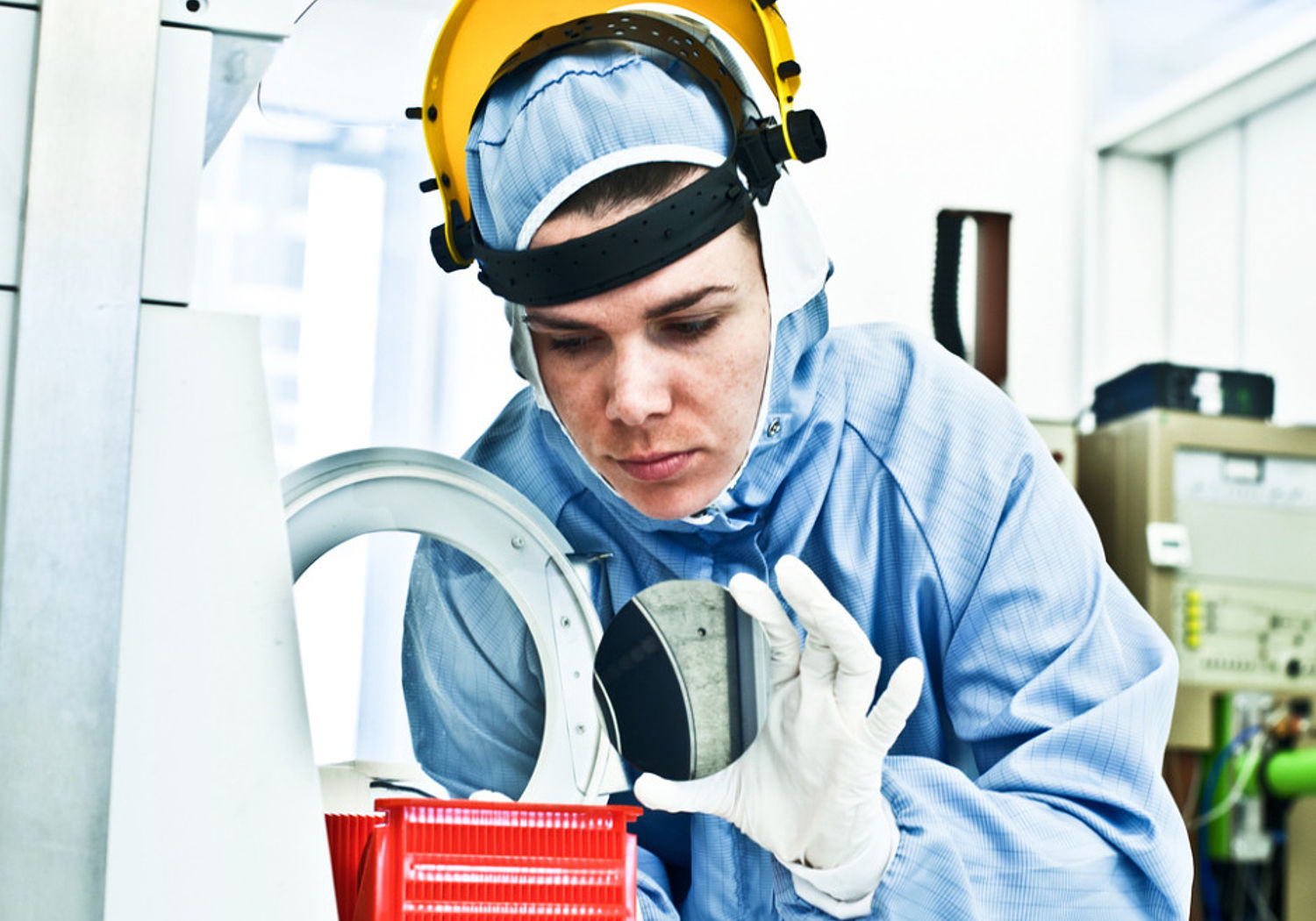 Image of a Scientist Working on Silicon Wafer Fabrication in Cleanroom 