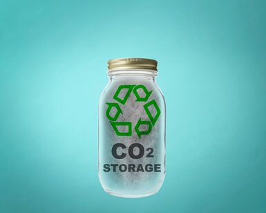 Against a light blue background stands a bottle with a recycling symbol and the words “CO2 Storage” written on it