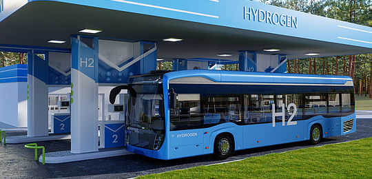 Hydrogen powered bus refuelling at station