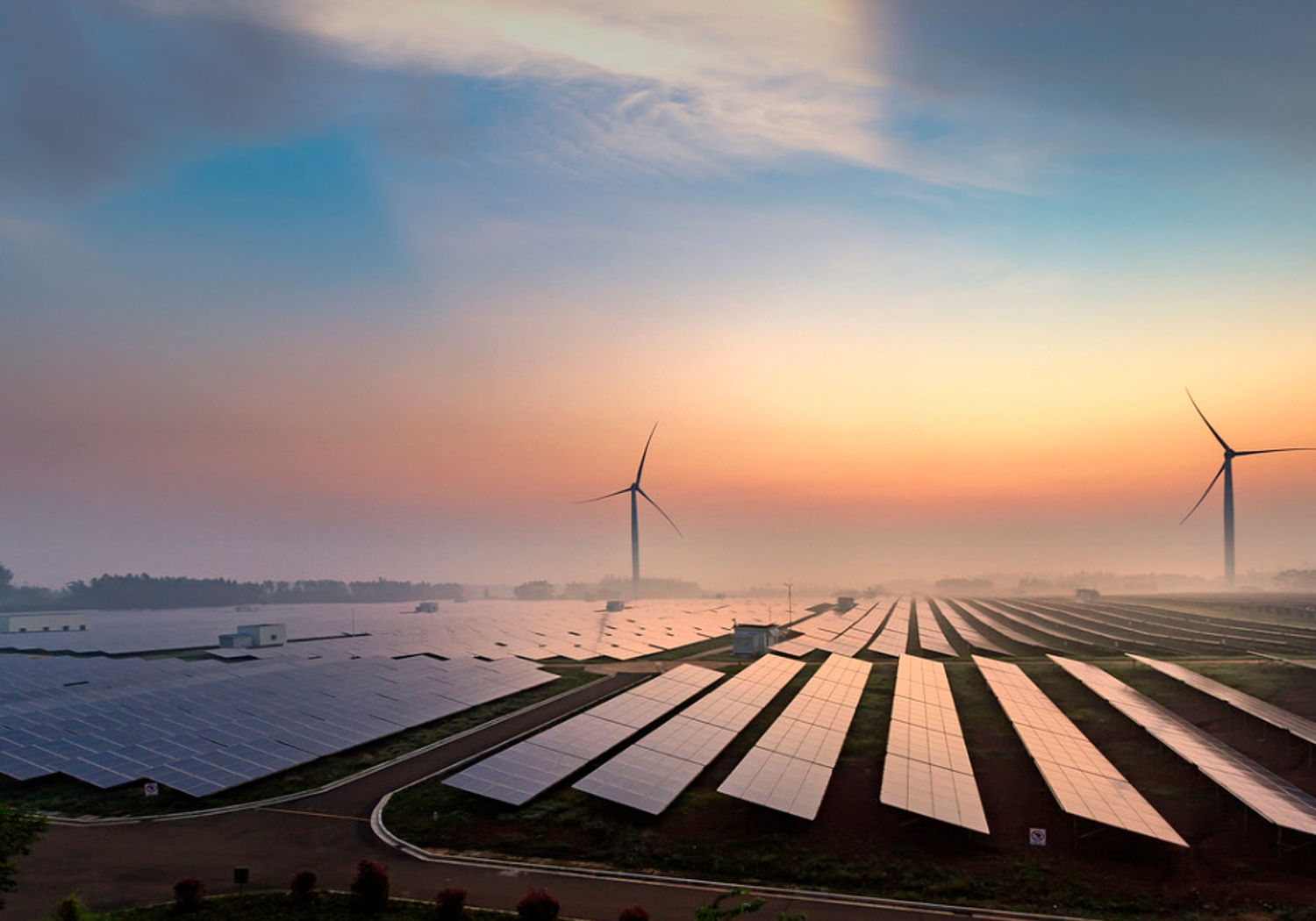 Image showing sunrise at a solar power plant