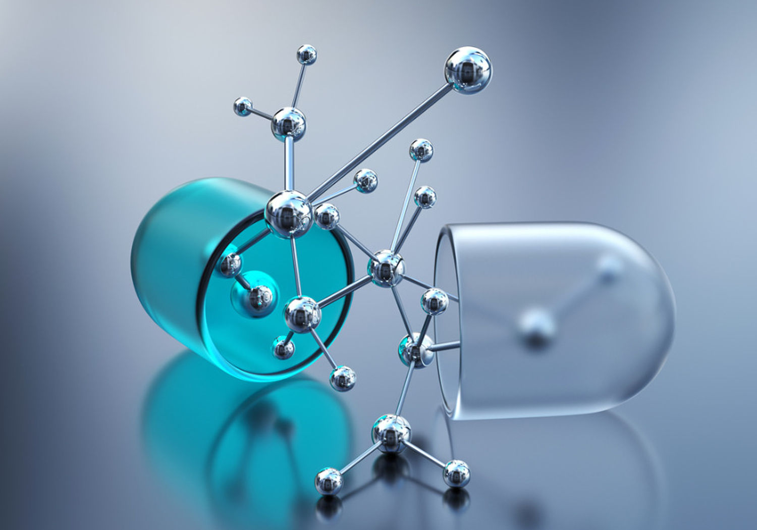 Image showing a Wire-frame molecule emerging from drug capsule