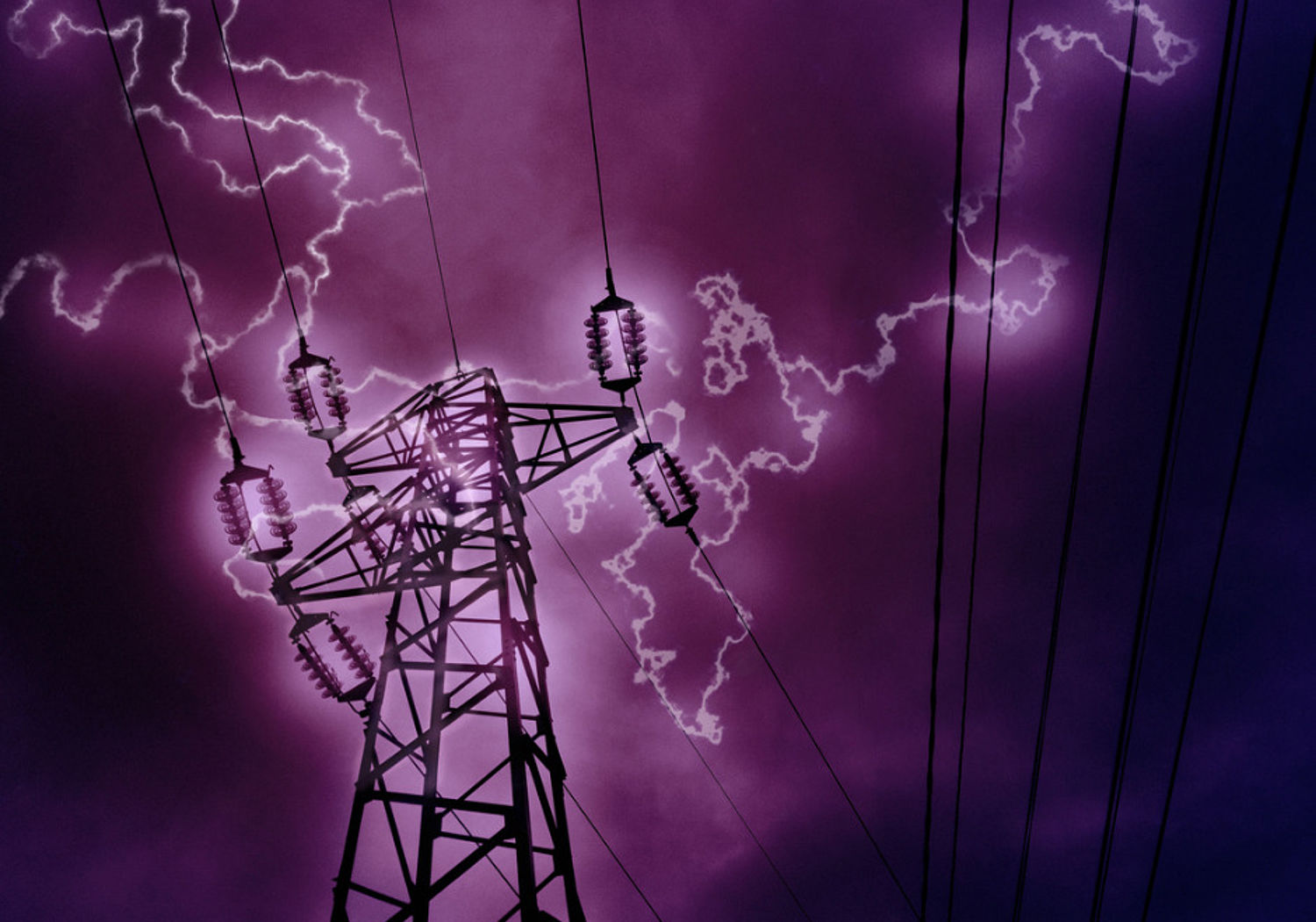 image showing Lightning hitting a high voltage tower