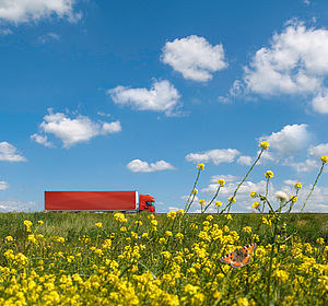 Image showing a long red transport truck in a flower filled landscape