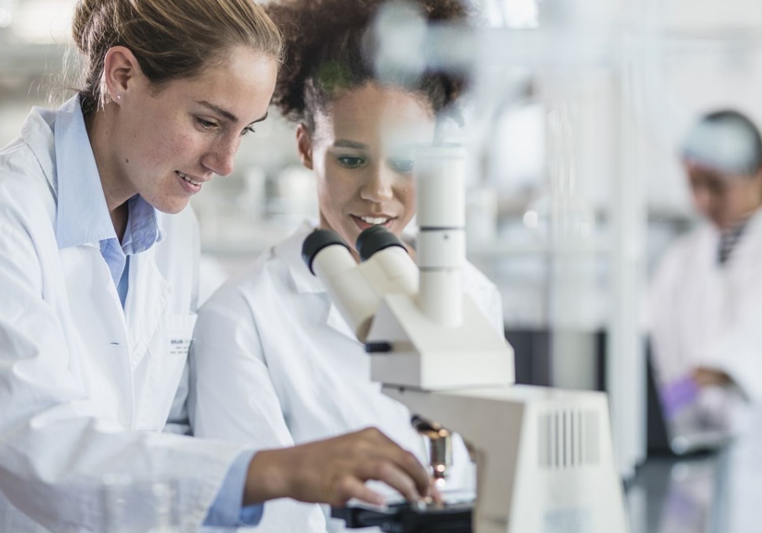 Image showing two scientists examiining a sample with a microscope