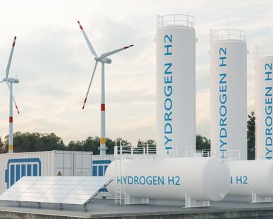 In the foreground are large white hydrogen storage tanks and in the background are two wind turbines