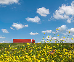 Image showing a long red transport truck in a flower filled landscape