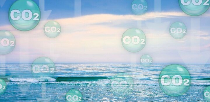 Stylistic image showing bubbles with CO2 written inside being drawn down to the ocean