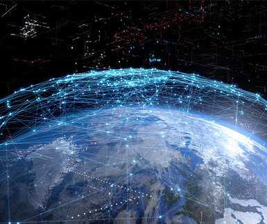 Artists impression of a global quantum network. Against a dark background the northern hemisphere of the world is shown, linked with blue communication lines