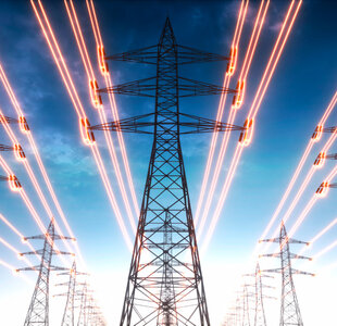 EMN smart grids electricity transmission towers with red glowing wires gm1318476890 405596994