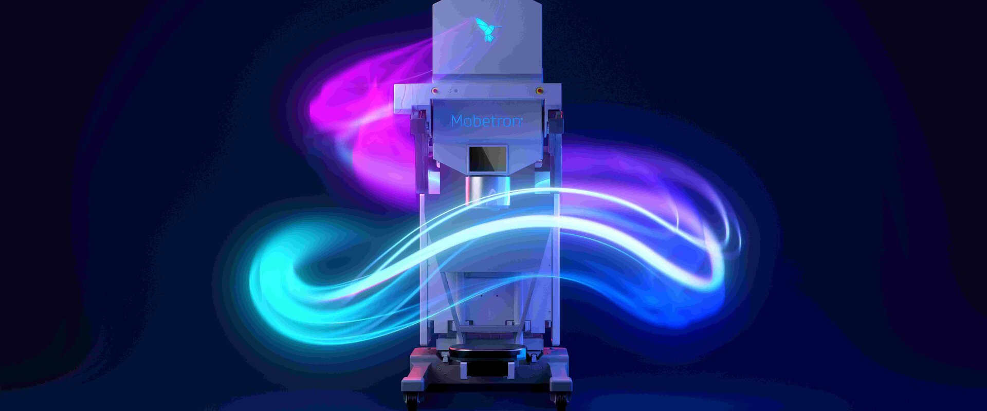 The Mobetron, courtesy of IntraOP Against a dark background is the Mobetron clinical linear accelerator. A tall, white, box-like instrument on wheels surrounded in the picture with glowing lines